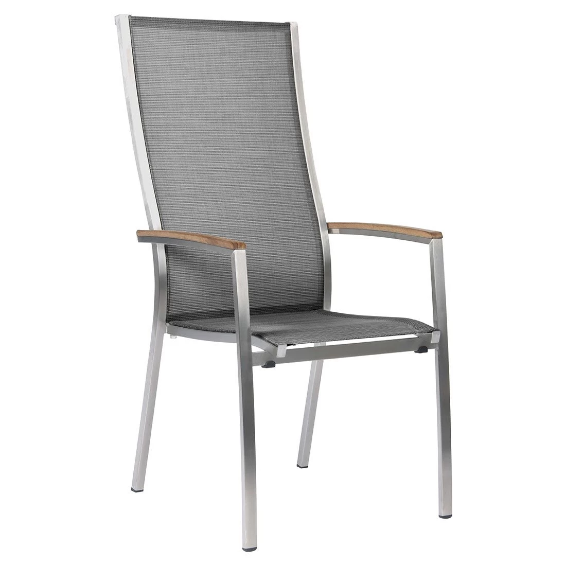 Stern Cardiff Hochlehner-Stapelsessel Edelstahl/Textilene Mit Teakholz-Armlehnen Silber/Silbergrau 1 Stern Cardiff Hochlehner-Stapelsessel Edelstahl/Textilene Mit Teakholz-Armlehnen Silber/Silbergrau