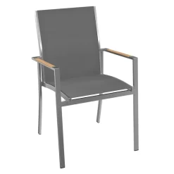 OUTLIV. Oviedo Stapelsessel Edelstahl/Textilene Mit Teakarmlehnen Schwarz-Silber